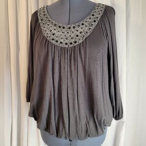 Elegant Gray Women's Top with Embellished Neckline